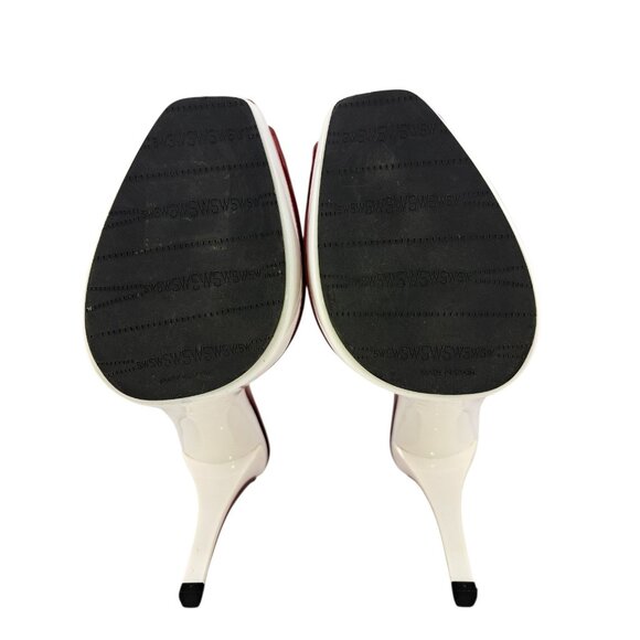 Stuart Weitzman Red Patent Leather Perforated Platform High Heel Mules 7.5 Peep - Picture 4 of 9